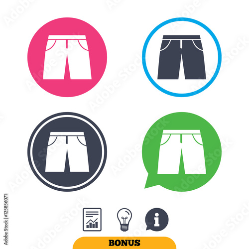 Men's Bermuda shorts sign icon. Clothing symbol. Report document, information sign and light bulb icons. Vector