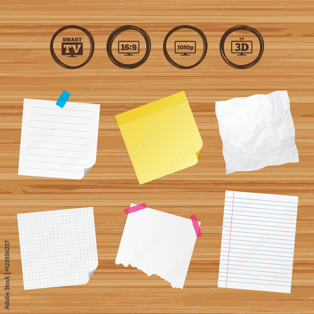 Business paper banners with notes. Smart TV mode icon. Aspect ratio 16:9 widescreen symbol. Full hd 1080p resolution. 3D Television sign. Sticky colorful tape. Vector Business paper banners with notes. Smart TV mode icon. Aspect ratio 16:9 widescreen symbol. Full hd 1080p resolution. 3D Television sign. Sticky colorful tape. Vector