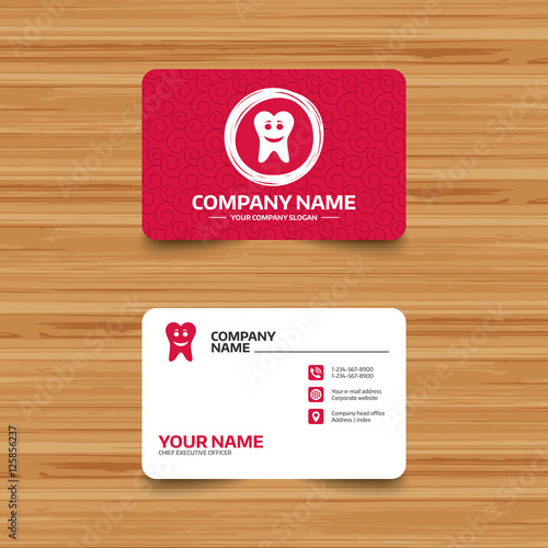 Business card template with texture. Tooth happy face sign icon. Dental care symbol. Healthy teeth. Phone, web and location icons. Visiting card  Vector
