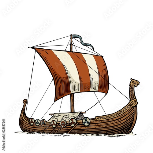 Drakkar floating on the sea waves.