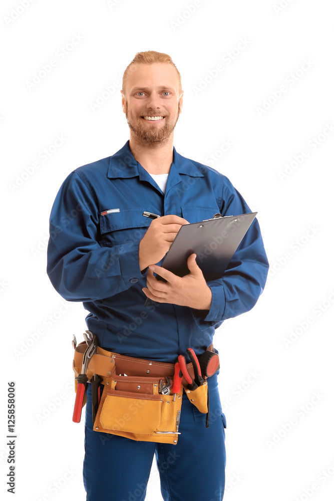 Handsome worker with pen and clipboard, isolated on white Handsome worker with pen and clipboard, isolated on white