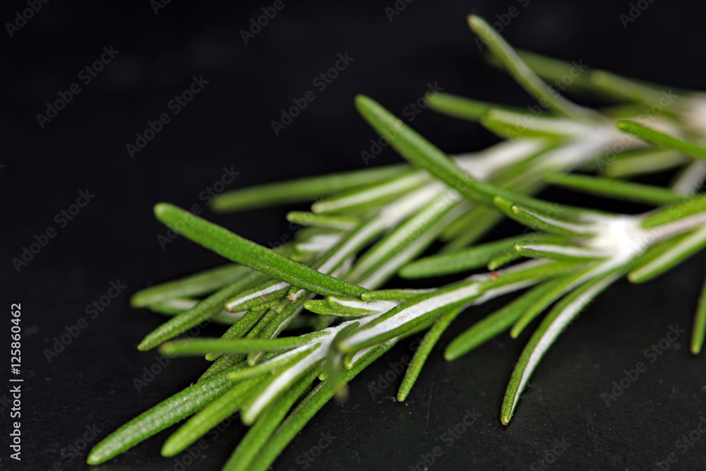 Rosemary on black background. Fresh, raw, organic vegetables. Co Rosemary on black background. Fresh, raw, organic vegetables. Co