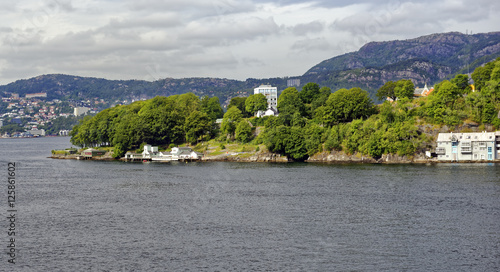 Shoreline view during passage to the sea from Bergen, Norway