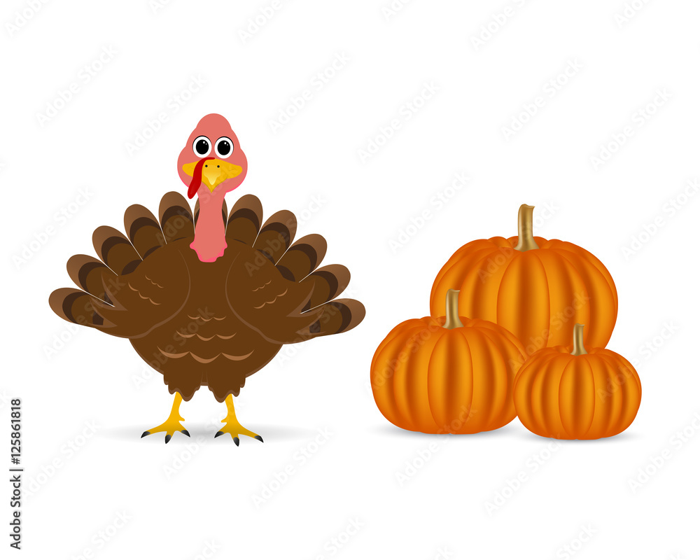 Naklejka Cartoon turkey with pumpkins on the feast day