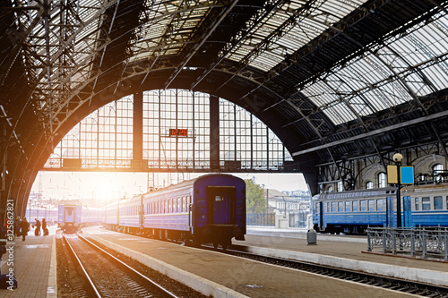 The railway station in Lviv, Ukraine. The design is similar to the train station in Milan, Italy.Early morning. Soft focus. Toning