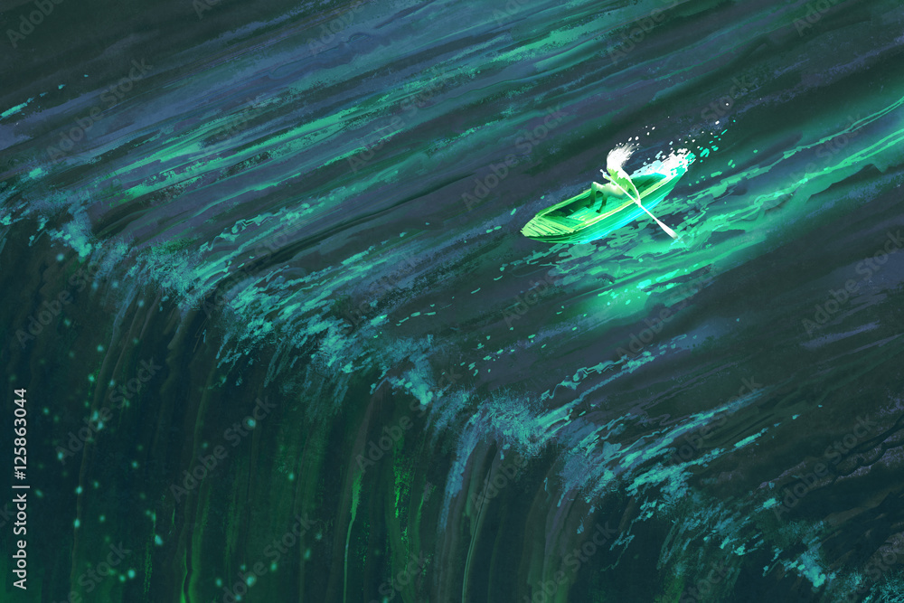 Obraz premium man rowing in glowing green boat near edge of waterfall,illustration painting