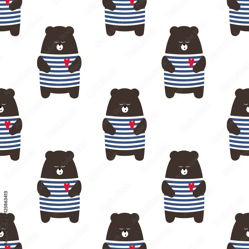 Obraz premium French style bear seamless pattern. Cute cartoon parisian teddy bear vector illustration. Child drawing style animal background. Design for fabric, textile etc.