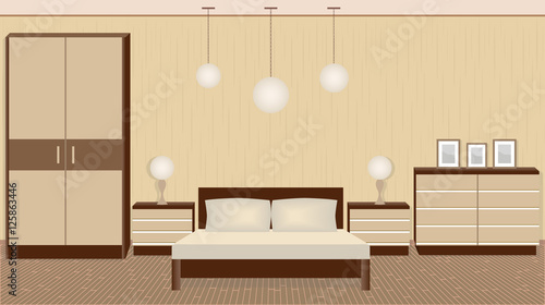 Graceful bedroom interior in warm colors with furniture, lamps, photo frames