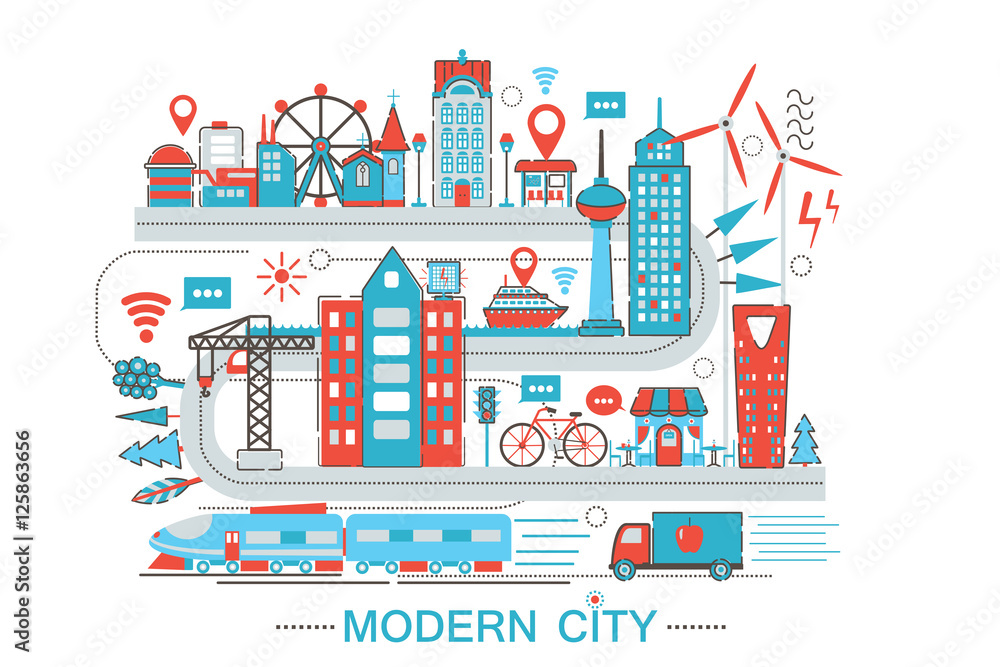 Modern Modern smart city graphic flat line design style infographics concept of global Network technology with icons, for website, presentation and poster.