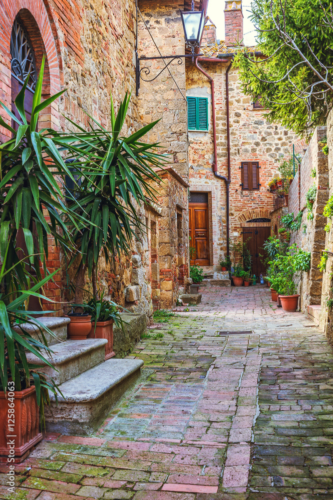 Alley in Italian old town, Tuscany, Italy - obrazy, fototapety, plakaty 
