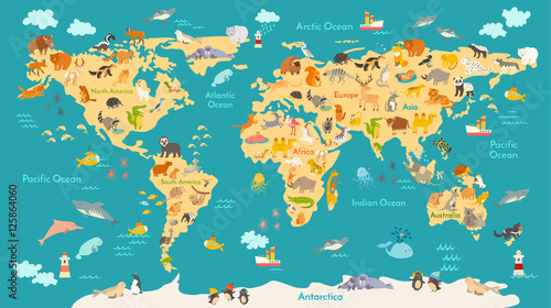 Animal map for kid. World vector poster for children, cute illustrated. Preschool cartoon globe with animals. Oceans and continent: South America,Eurasia,North America,Africa, Australia.Baby world map