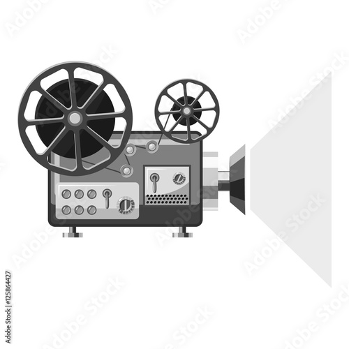 Retro movie projector icon. Gray monochrome illustration of retro movie projector vector icon for web