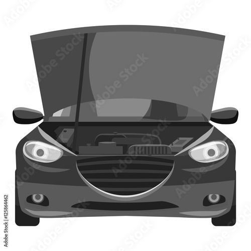 Car with open hood icon. Gray monochrome illustration of car with open hood vector icon for web