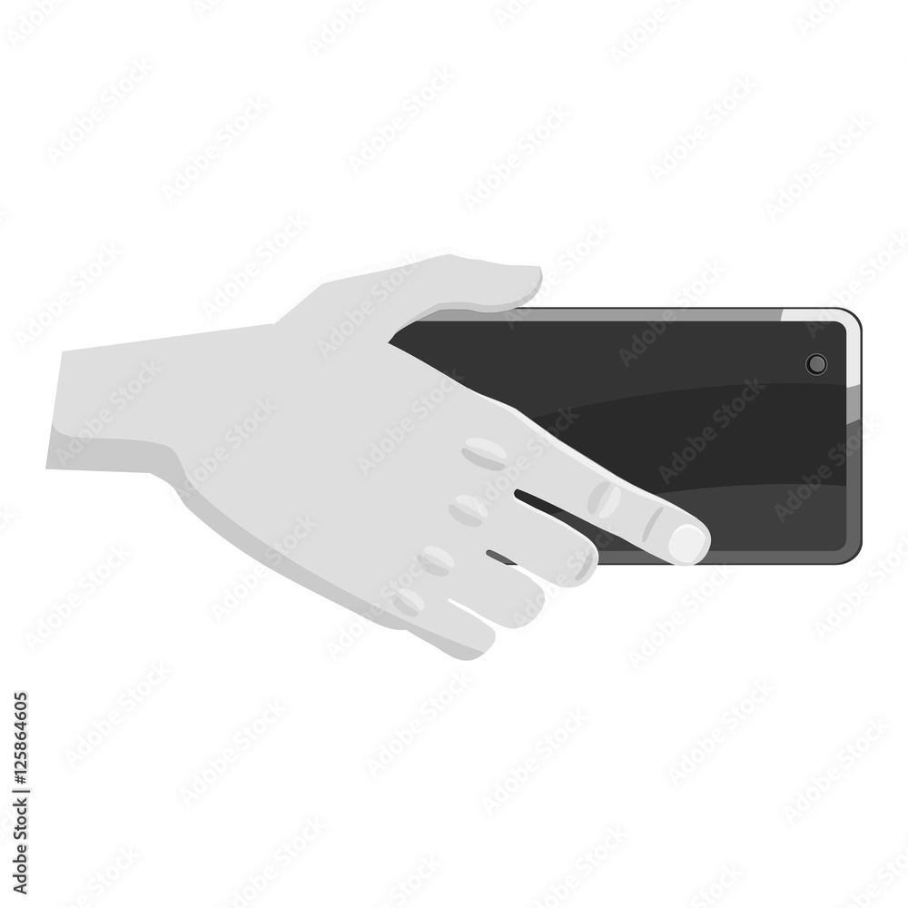 Obraz premium Hand holding mobile phone icon. Gray monochrome illustration of hand holding mobile phone vector icon for web