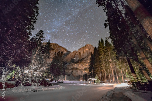The Milky Way over Upper Yosemite Falls from Sentinel Bridge after a winter storm photo