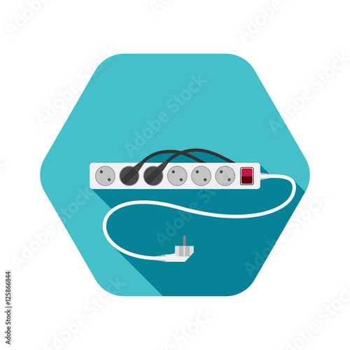 Vector hexagon icon of modern electric extension cord with shadow on the turquoise background.