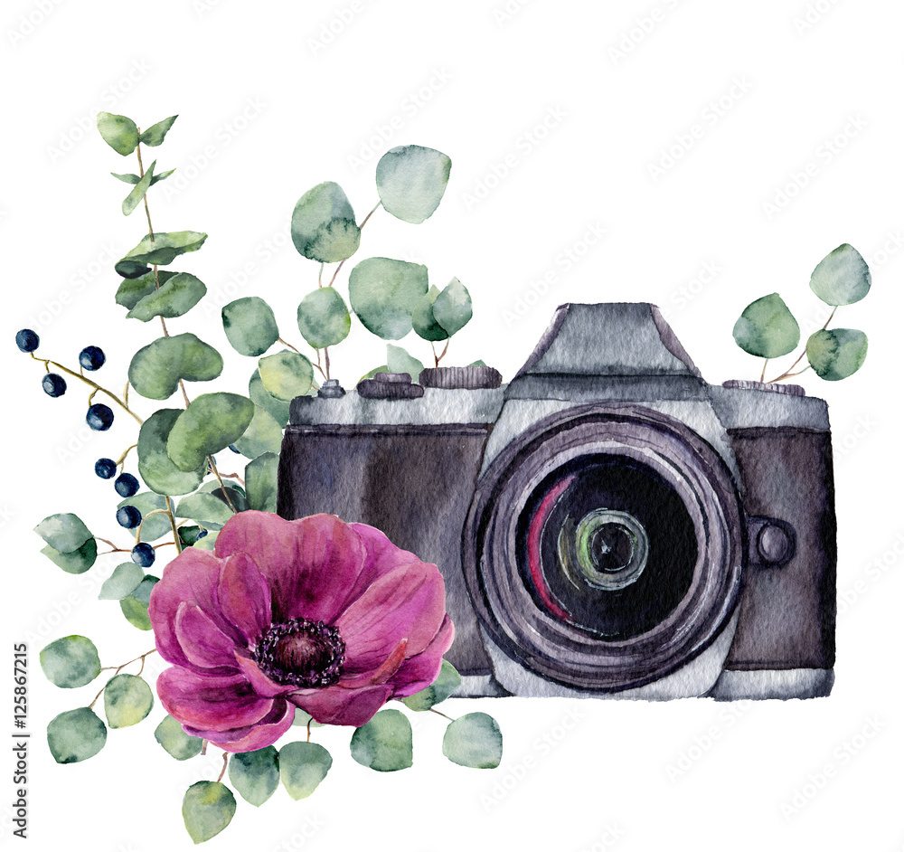 Watercolor photo label with anemone flower and eucalyptus. Hand drawn photo camera with floral design isolated on white background. For design, logo, prints or background - obrazy, fototapety, plakaty 