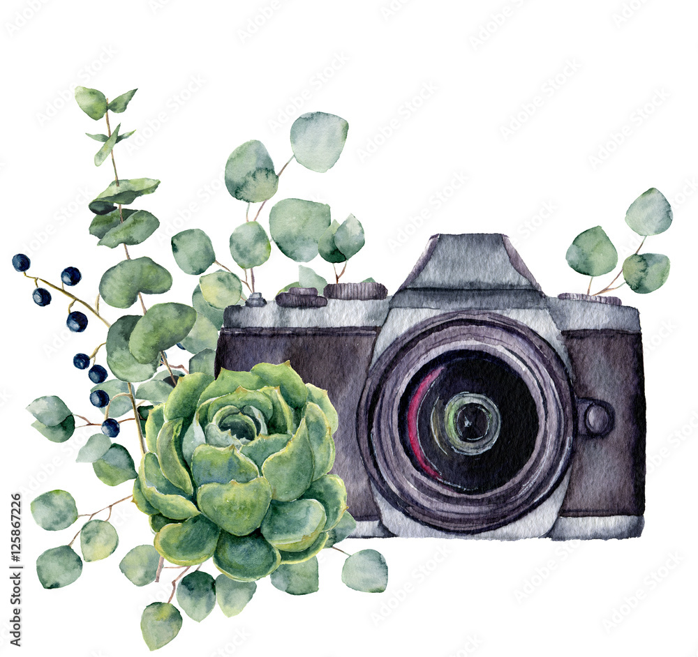 Watercolor photo label with succulent and eucalyptus. Hand drawn photo camera with floral design isolated on white background. For design, logo, prints or background - obrazy, fototapety, plakaty 