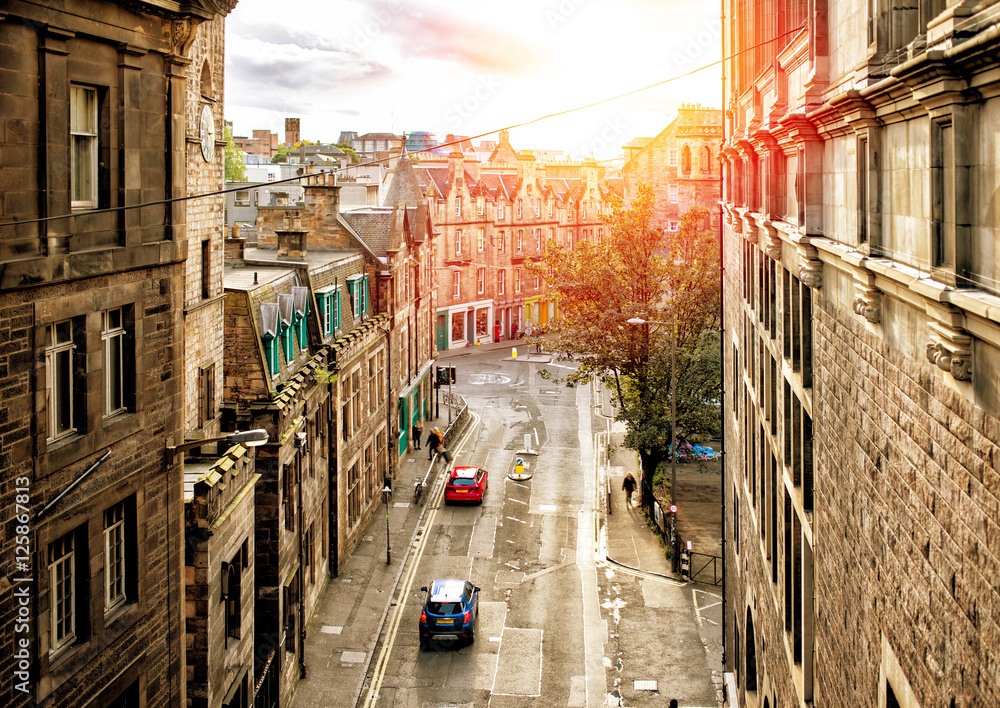 Street view of Edinburgh in sunset