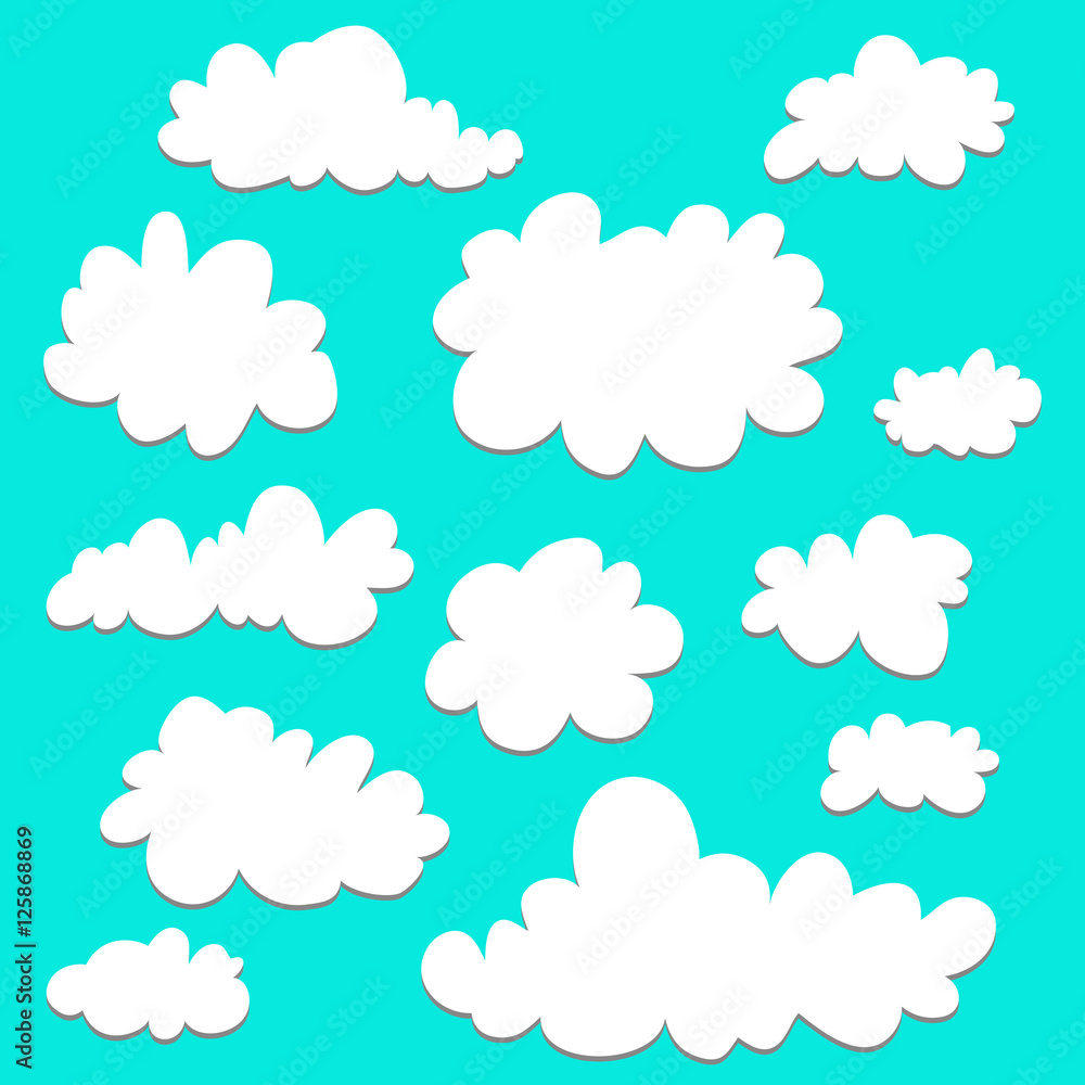 Cute cartoon set of clouds on blue background for logo, web and print. Sky background. Graphic element vector.