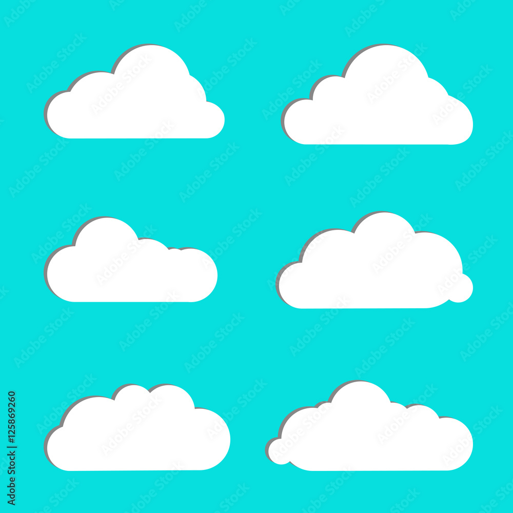 Cloud vector icon set white color on blue background. Different nature cloudscape weather symbols. Vector illustration