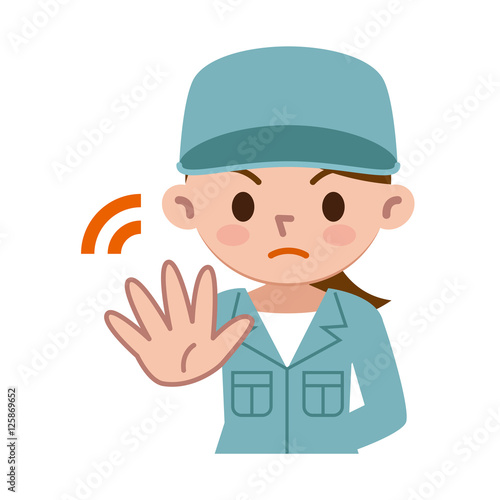 拒否する若い女性　作業着