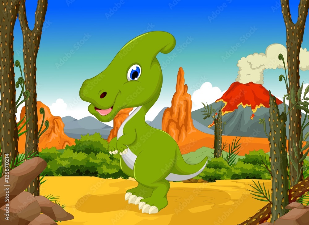 Naklejka funny Dinosaur Parasaurolophus cartoon with forest landscape background