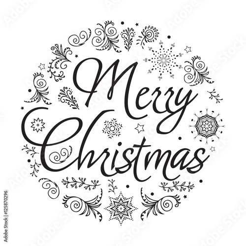 Merry Christmas. Hand drawn vector illustration. Black and white.