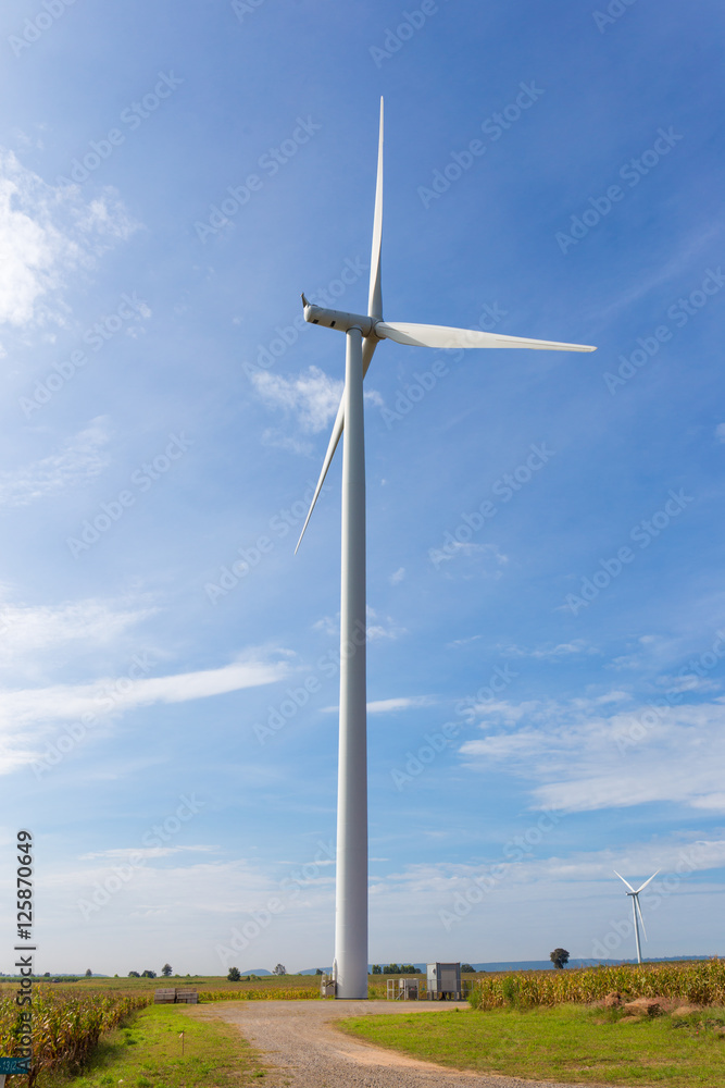 Eco power, Wind turbine on the green grass and corn field over the blue cloudy sky