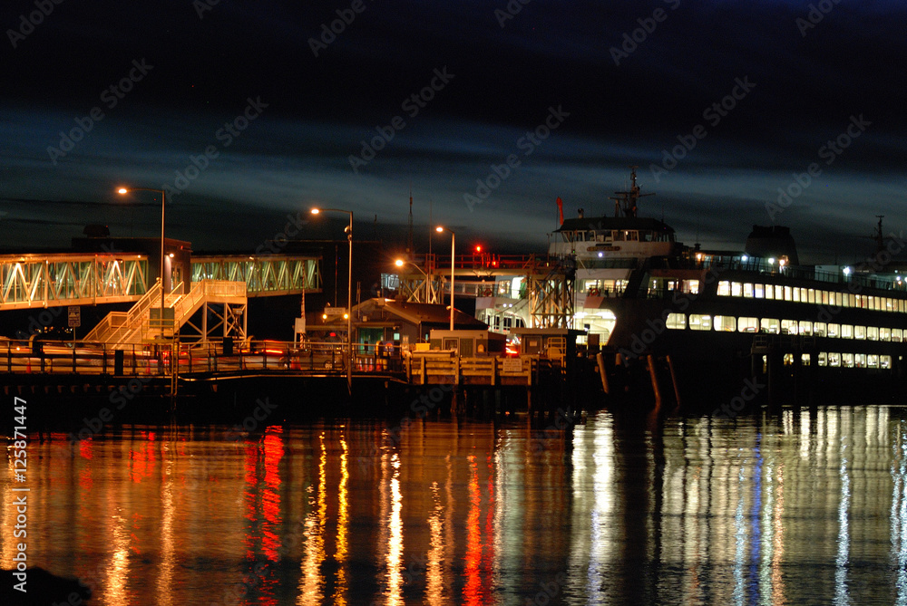 Ferry docked at night in Edmonds, Washington