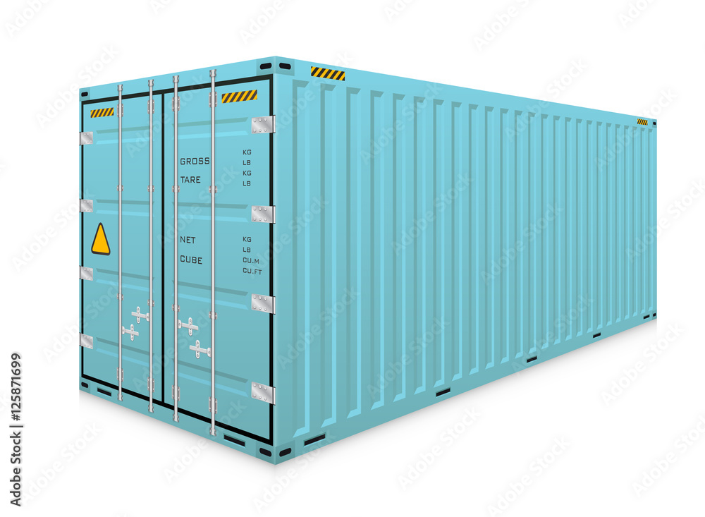 Cargo container vector isolated on white background. Metal box or equipment for storage at dock, port, warehouse. Freight transport by ship, crane, trailer truck for shipping, import export business. Cargo container vector isolated on white background. Metal box or equipment for storage at dock, port, warehouse. Freight transport by ship, crane, trailer truck for shipping, import export business.