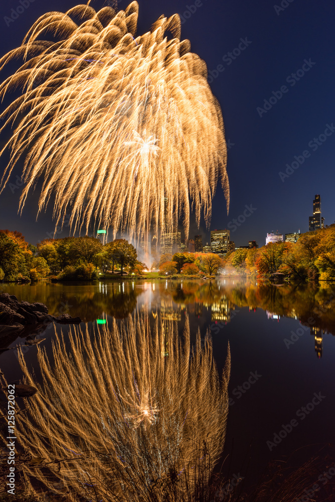 Central Park Fireworks celebrating the Marathon reflecting on the Lake