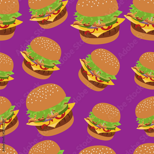 Seamless vector pattern with burger image. Cheeseburger purple background.