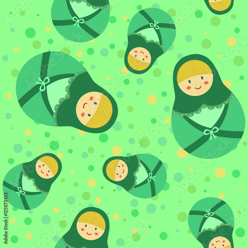 Seamless Pattern Green Russian Doll on dotted Green Background that can be used as wallpaper background pattern.
