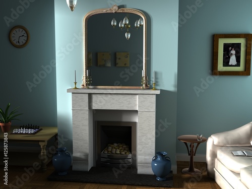 3d render of room with large mirror above mantle piece