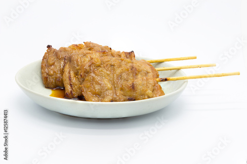 Homemade roast bbq grill pork sticks, on white background photo