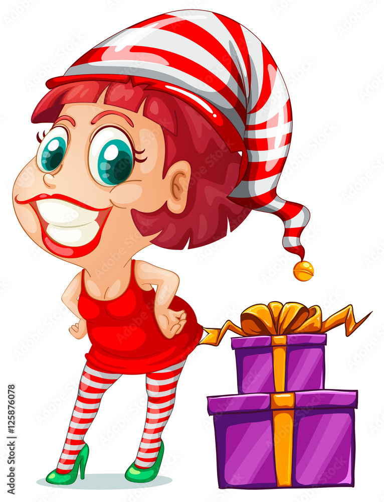 Woman in red and christmas presents Woman in red and christmas presents