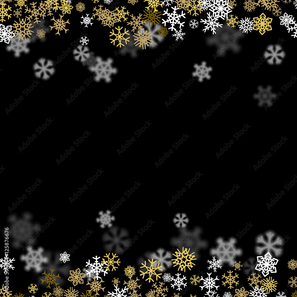 Fototapeta premium Snowfall background with golden snowflakes blurred in the dark
