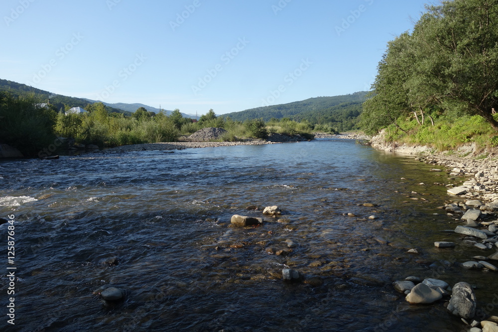 Fototapeta premium River Shopurka. The mountain river in the Carpathian region. Transcarpathia