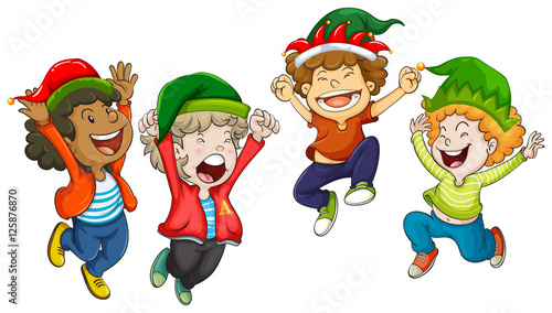 Four boys wearing christmas hats