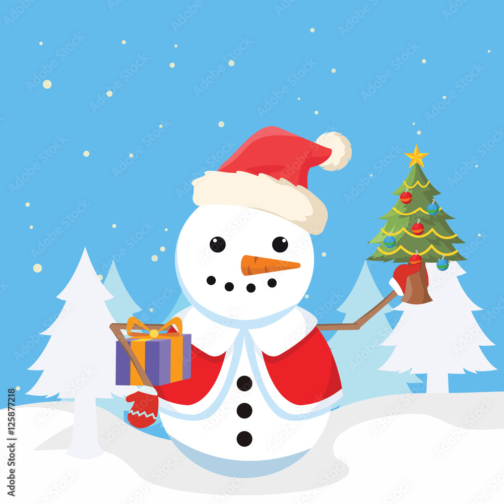 snowman holding christmas tree and christmas box