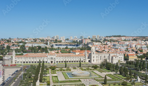 Lisbon, Portugal, September 10, 2016. Landscape from the Monument to the Discoveries (named Padrao dos Descobrimentos) to the Belem tower, Tagus river, 25 de Abril Bridge and Monastery named Jeronimos