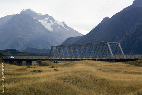 Truss bridge over Hooker River on Tasman Valley Road leading to Tasman Lake in Aoraki Mount Cook National Park, New Zealand