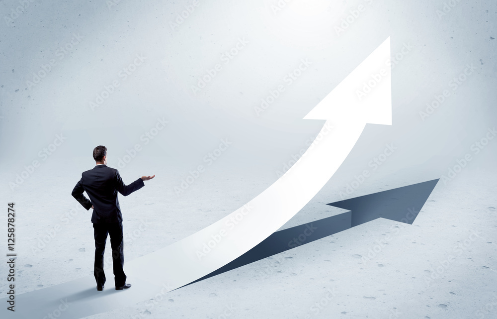 Arrow pointing up with standing salesman Arrow pointing up with standing salesman
