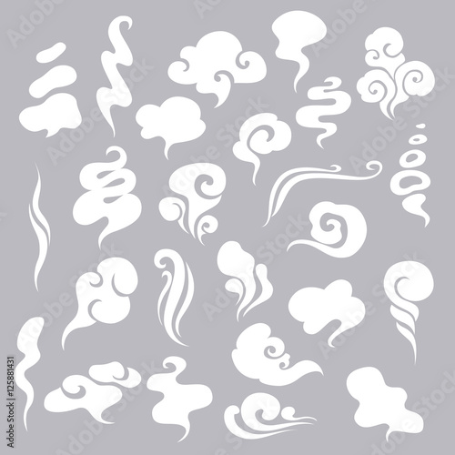 Set of Smoke, Clouds, Fog and Steam Cartoon Vector Illustration. White smoke flat icon isolated for game, advertising. photo