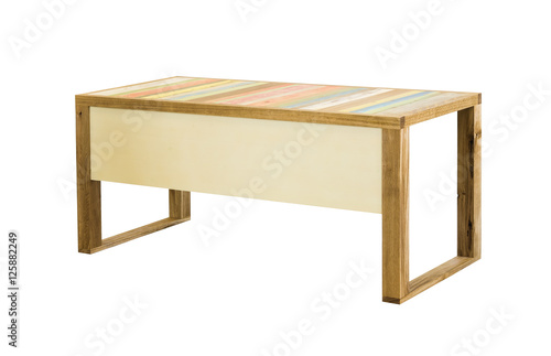 Table with top made of different kinds of wood. White background, isolation
