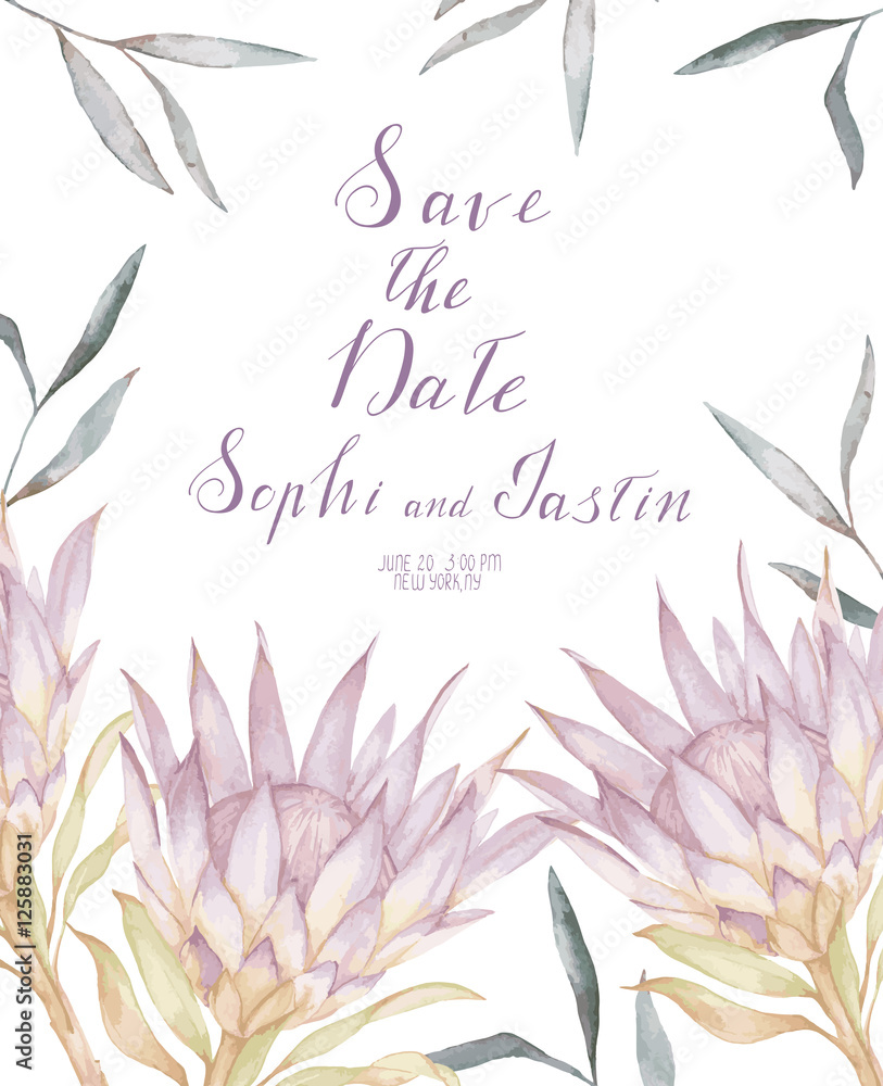 Watercolor wedding invitation with protea and eucalyptus leaves. Vector template Watercolor wedding invitation with protea and eucalyptus leaves. Vector template