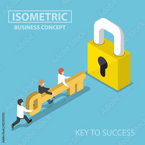 Isometric business team holding golden key to unlock the lock