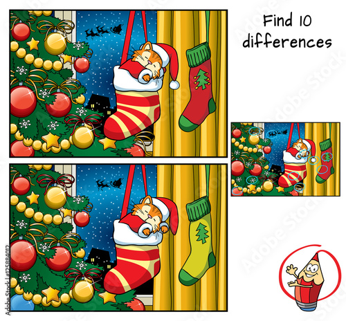 Cute little kitten sleeping in Christmas socks near Christmas tree. Find 10 differences. Educational game for children. Cartoon vector illustration.