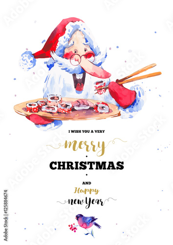 Funny Santa Claus with sushi and rolls
